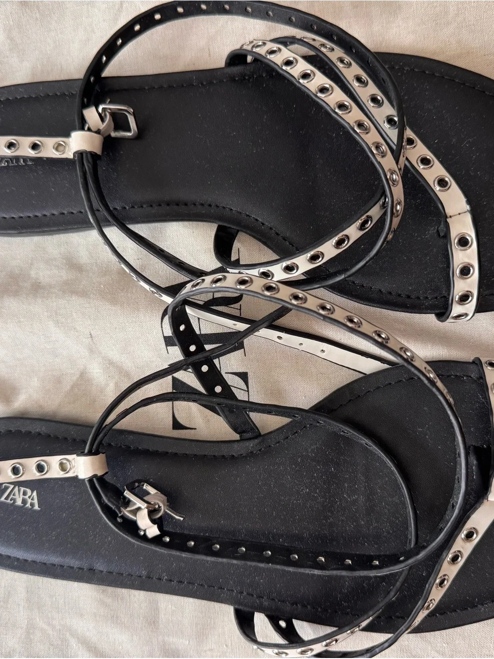 Zara Black and White Eyelet Lace-Up Flat Sandals - Picture 2 of 4